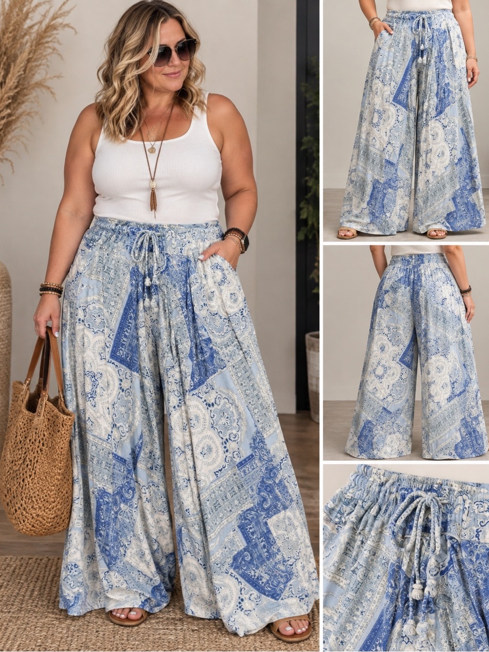 Free People Blue and Cream Patchwork Wide-Leg Palazzo Pants